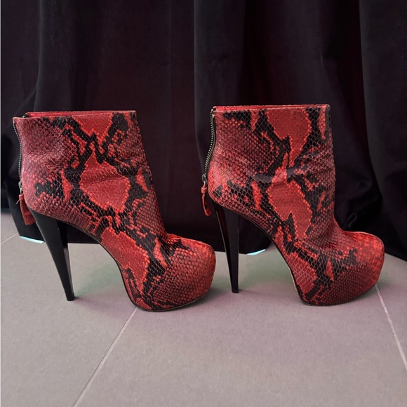Red Snake Print High Heel Ankle Boots - Picture 3 of 10